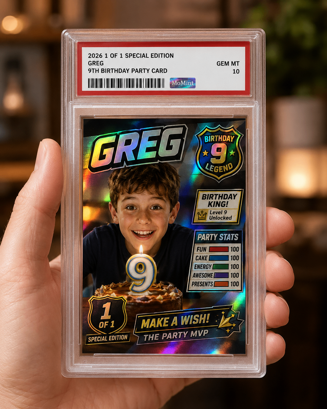 Greg · 9th Birthday — custom 1-of-1 slabbed MoMint Card
